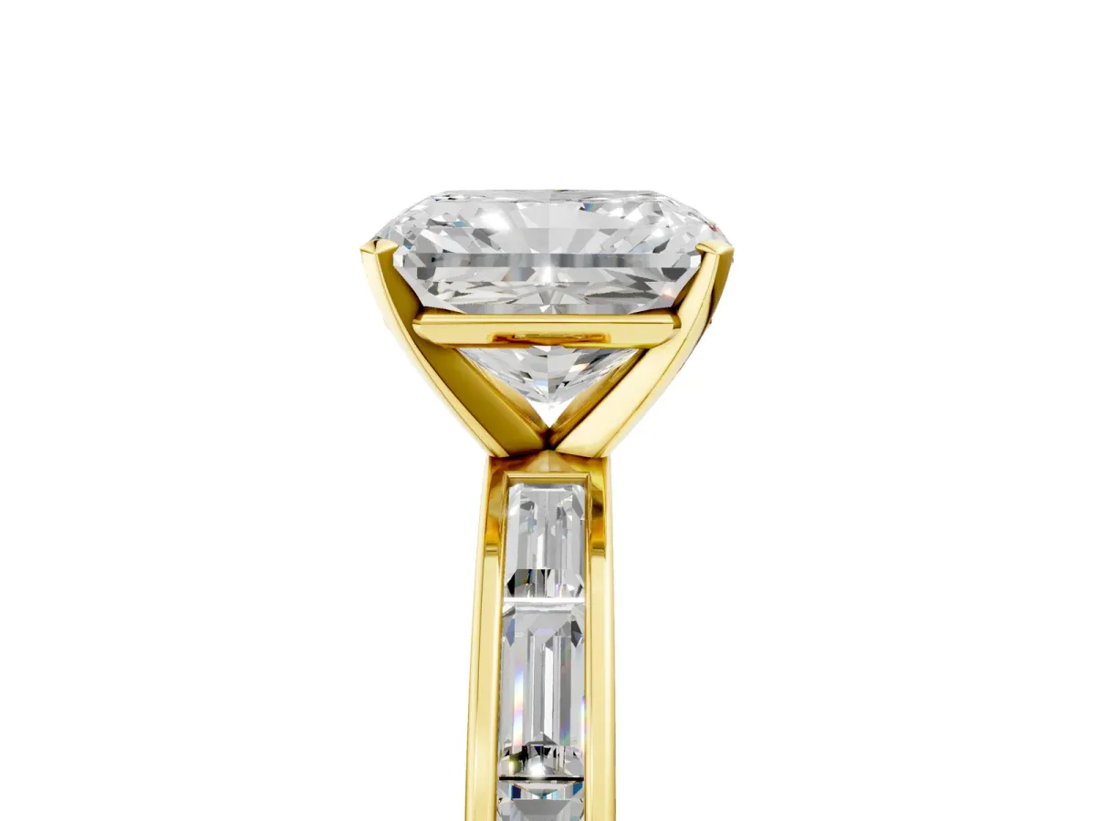 Radiant Cut Solitaire Diamond Ring with Channel-Set Baguette Band and Four-Prong Setting Yellow gold