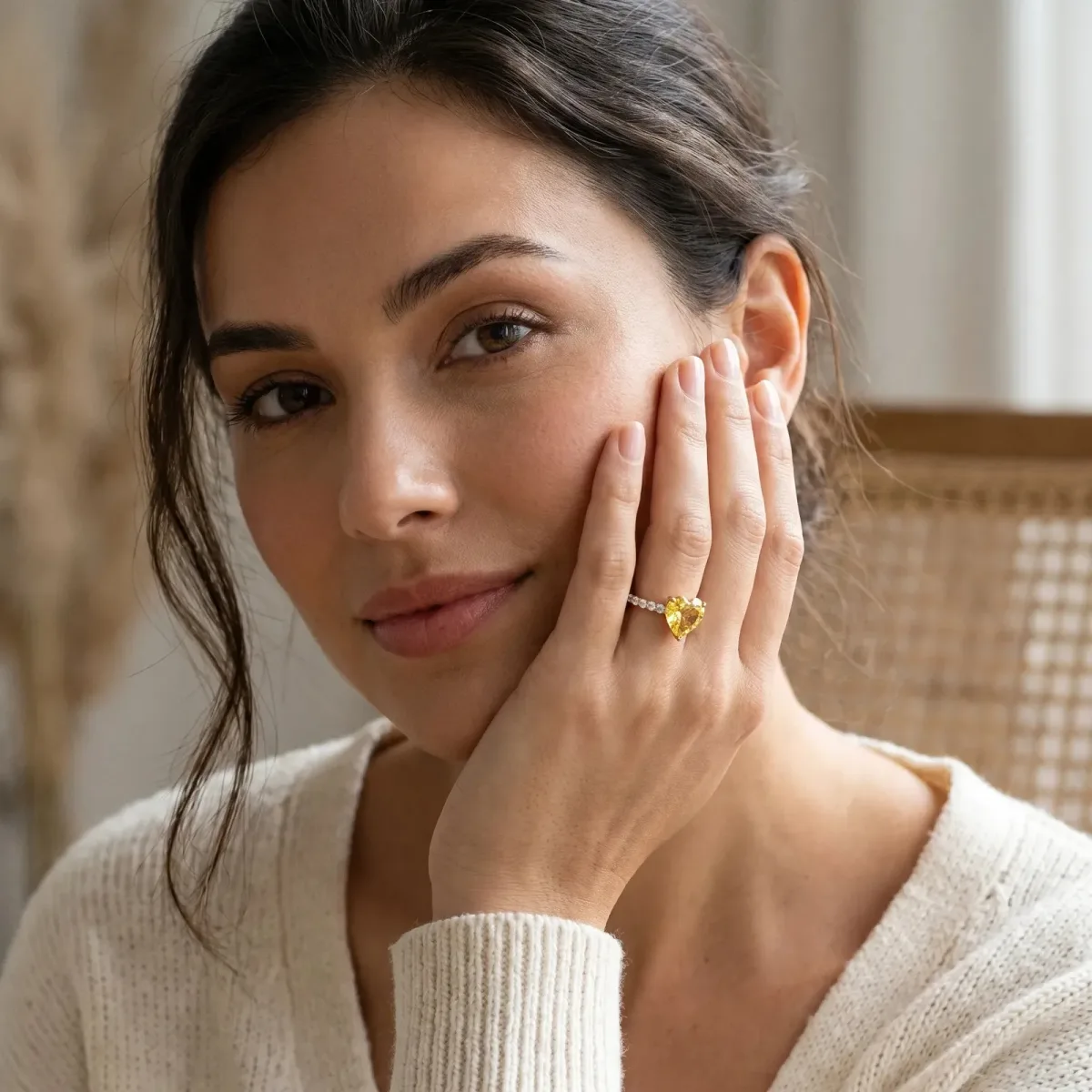 Heart Cut Yellow Sapphire Solitaire Ring with Round Pavé Band and Four-Prong Setting Rose gold