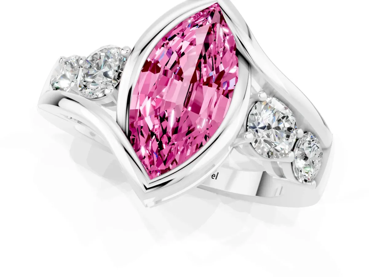 Bezel Set Marquise Cut Pink Sapphire Bypass Ring with Round Accents Silver