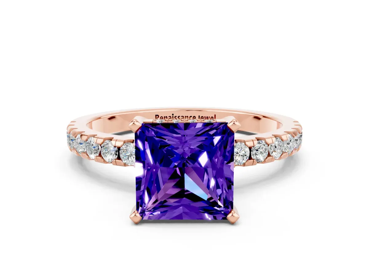 Princess Cut Tanzanite Solitaire Ring with Round Pavé Band and Four-Prong Setting Rose gold