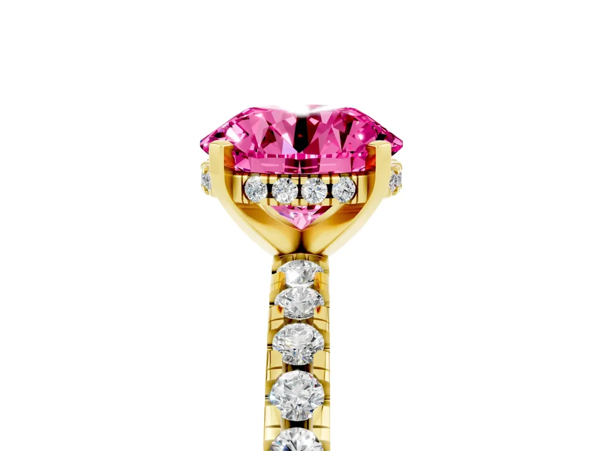 Round Cut Pink Sapphire Solitaire Ring with Round Pavé Band and Four-Prong Setting Yellow gold