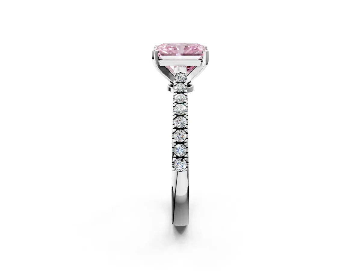 Fancy Pink Radiant Cut Cut Solitaire Diamond Engagement Ring with Pave Band and Four-Prong Setting White gold
