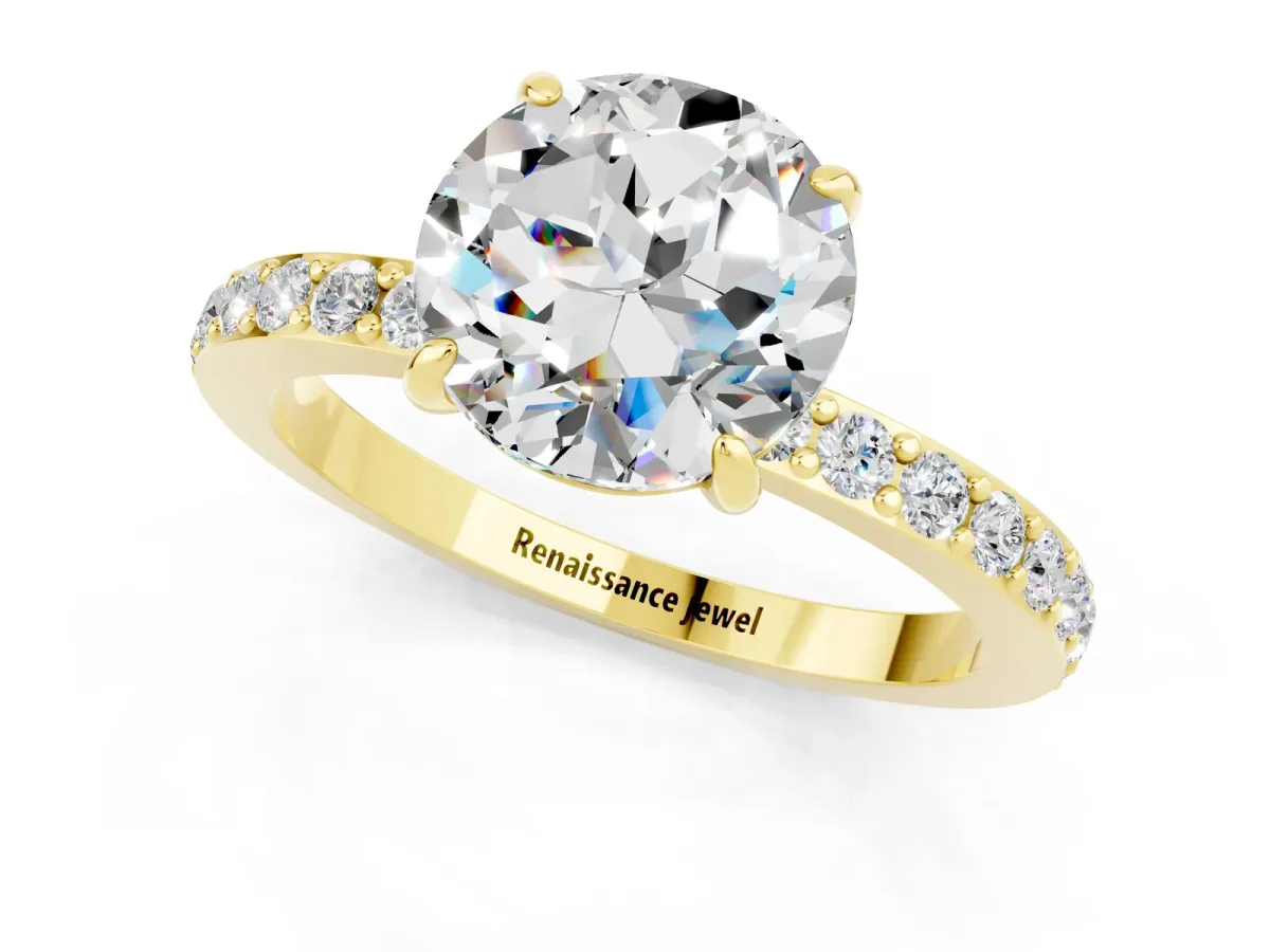 Round Cut Moissanite Solitaire Engagement Ring with Pavé Band and Four-Prong Setting Yellow gold