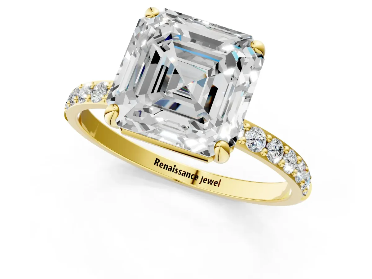 Asscher Cut Diamond Solitaire Ring with Round Moissanite Pavé Band and Prong Setting Yellow gold