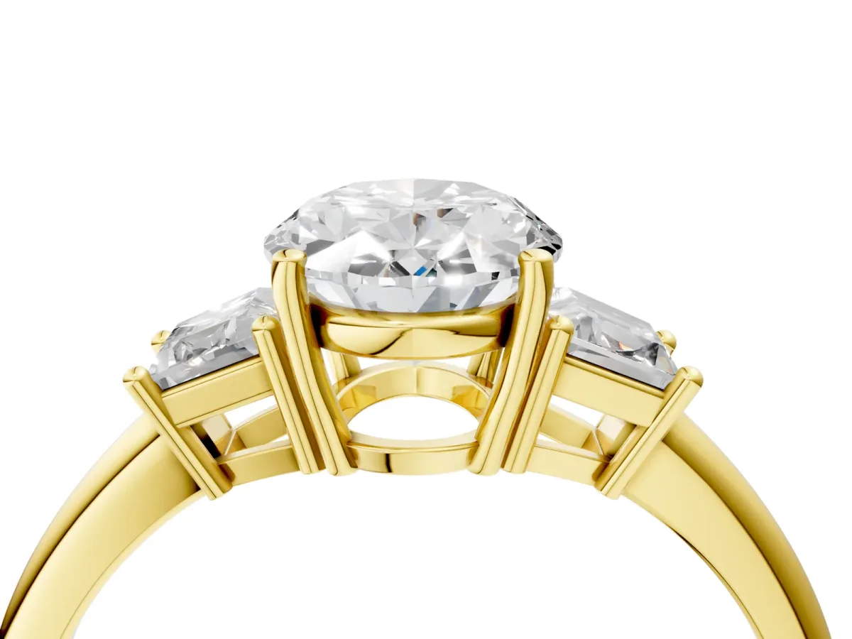 Oval Cut Diamond Three-Stone Ring with Trapezoid Side Stones and Prong Setting Yellow gold
