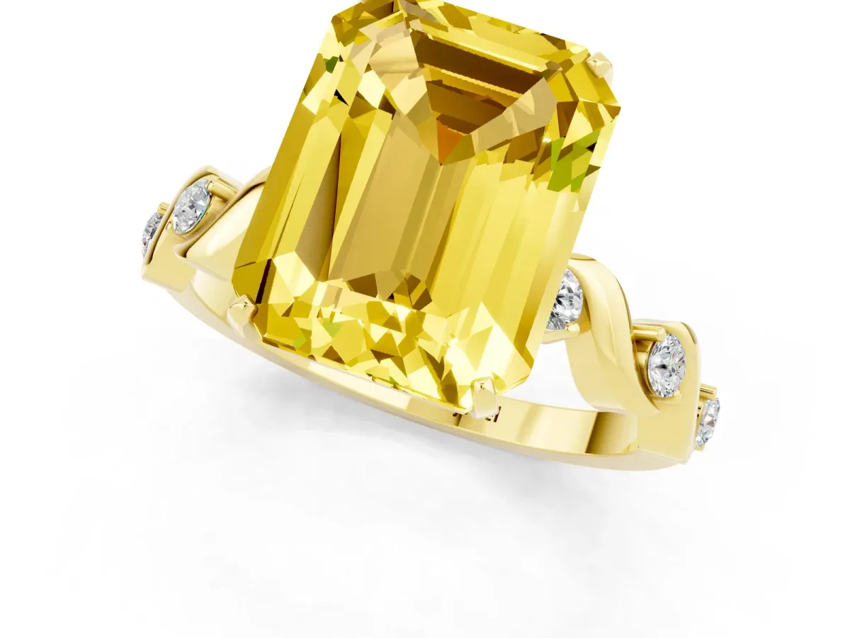 Emerald Cut Yellow Sapphire Solitaire Twisted Band with Round Accents and Prong Setting Yellow gold