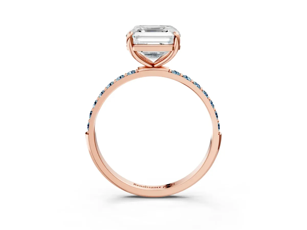 Asscher Cut Diamond Solitaire Ring with Round Aquamarine Pavé Band and Prong Setting Rose gold