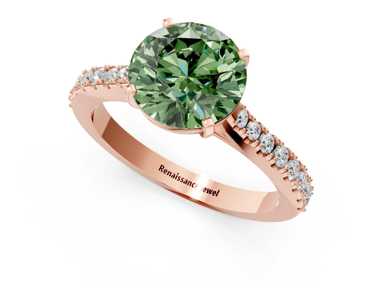 Fancy Green Round Cut Cut Solitaire Diamond Engagement Ring with Pave Band and Four-Prong Setting Rose gold