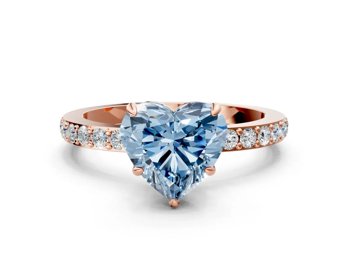 Fancy Blue Heart Cut Diamond Solitaire Engagement Ring with Pavé Band and Four-Prong Setting Rose gold