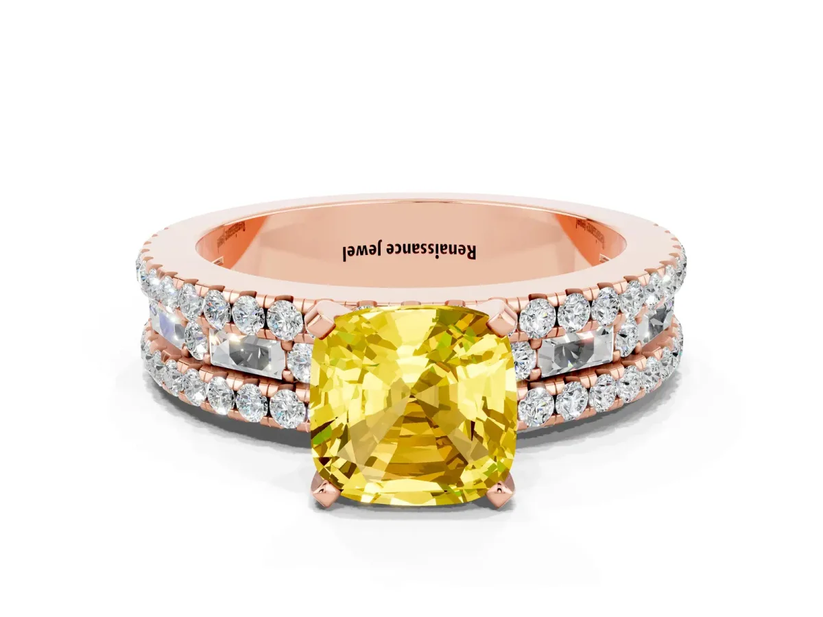 Cushion Cut Yellow Sapphire Solitaire Ring with Pavé and Channel Set Band Rose gold