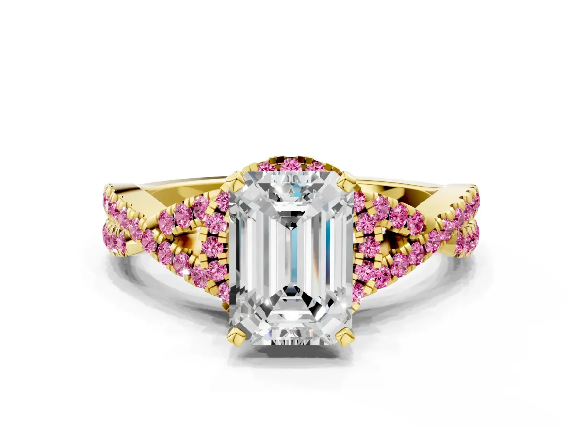 Emerald Cut Diamond Pink Sapphire Halo Twist Band Solitaire Prong Setting Ring Yellow gold