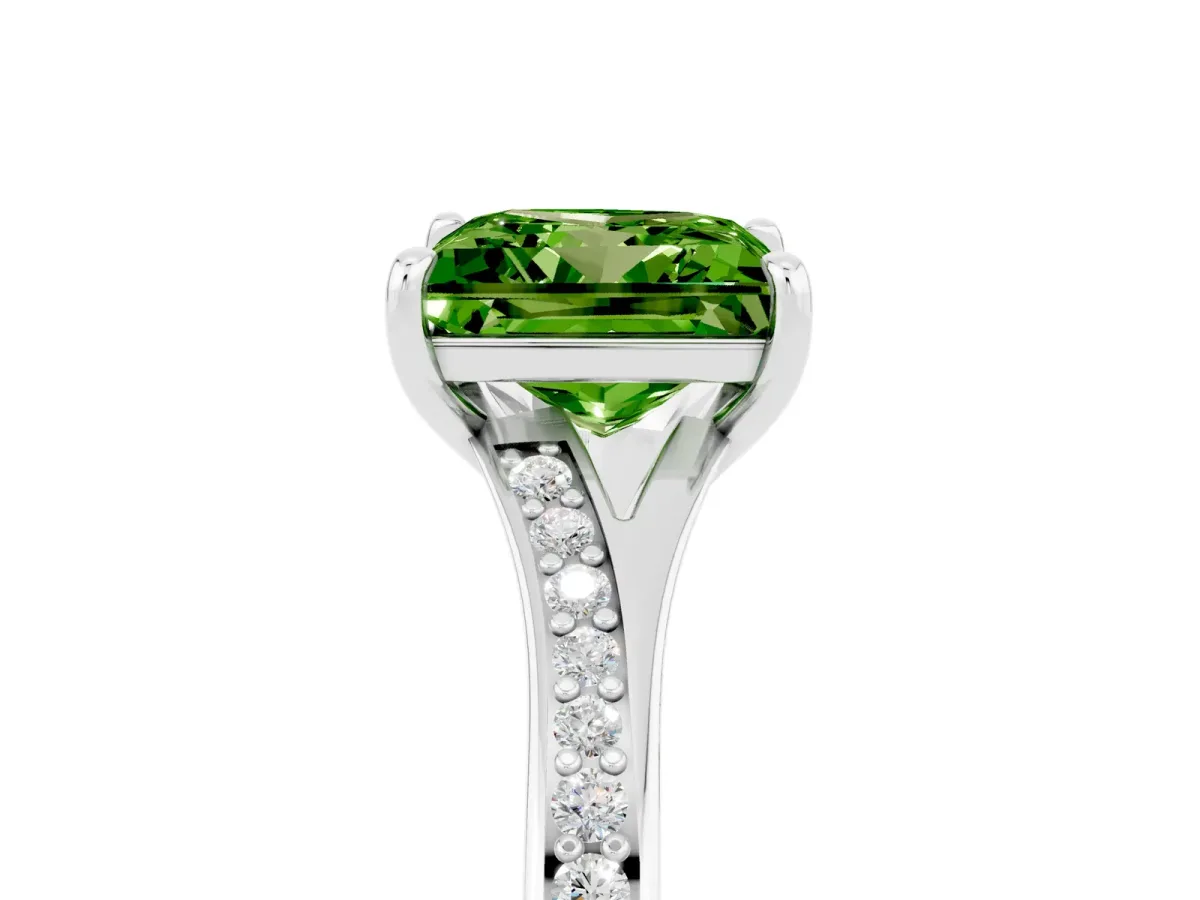 Princess Cut Peridot Solitaire Ring with Pavé Band and Prong Setting Silver