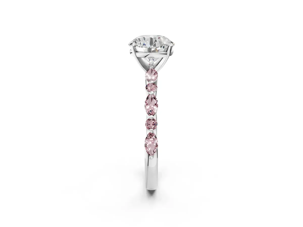Round Cut Diamond Ring with Marquise and Round Morganite Side Stones and Four-Prong Setting White gold