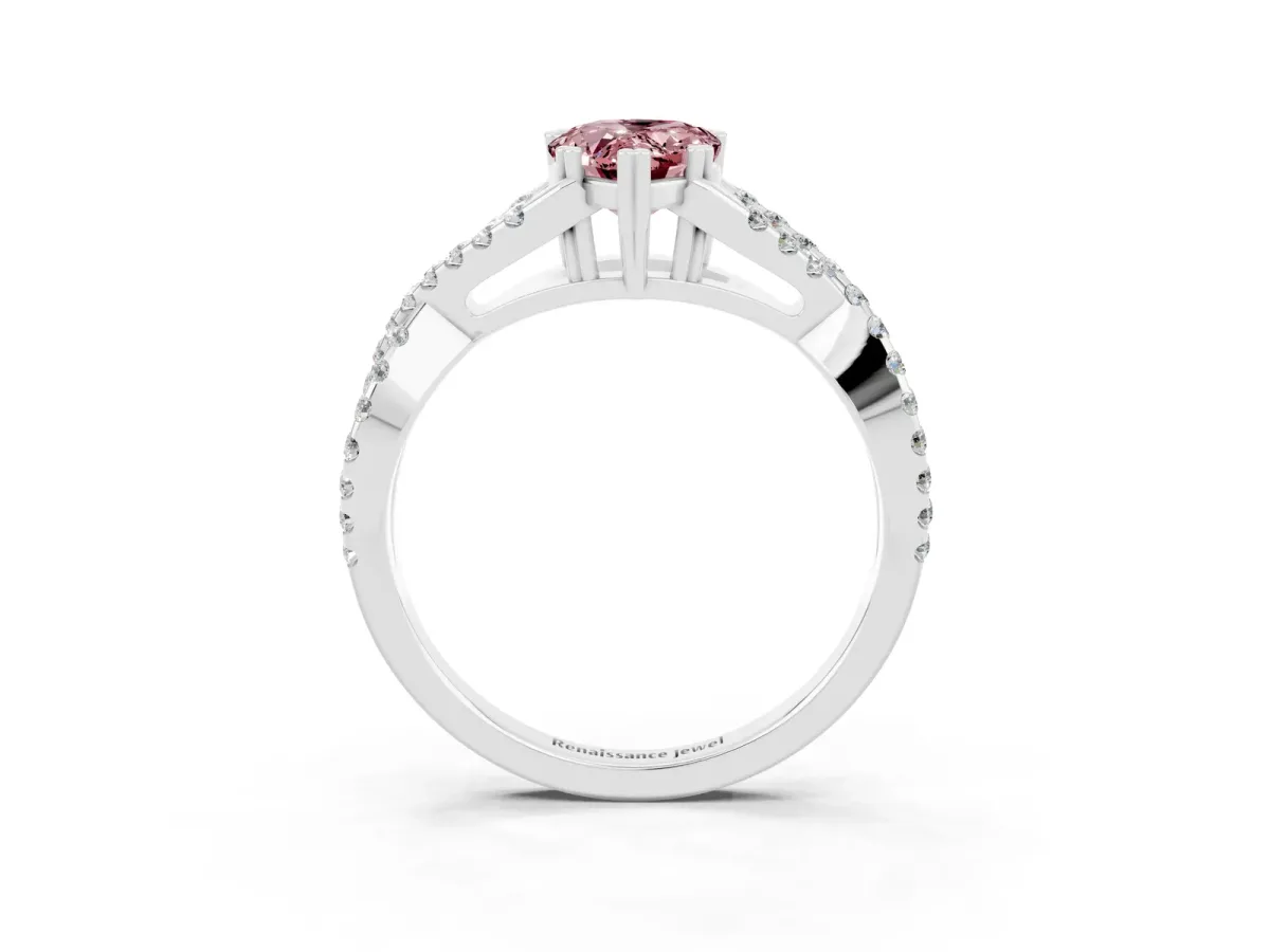 Pear Cut Morganite Solitaire Ring with Four-Prong Setting and Twisted Pavé Band Platinum