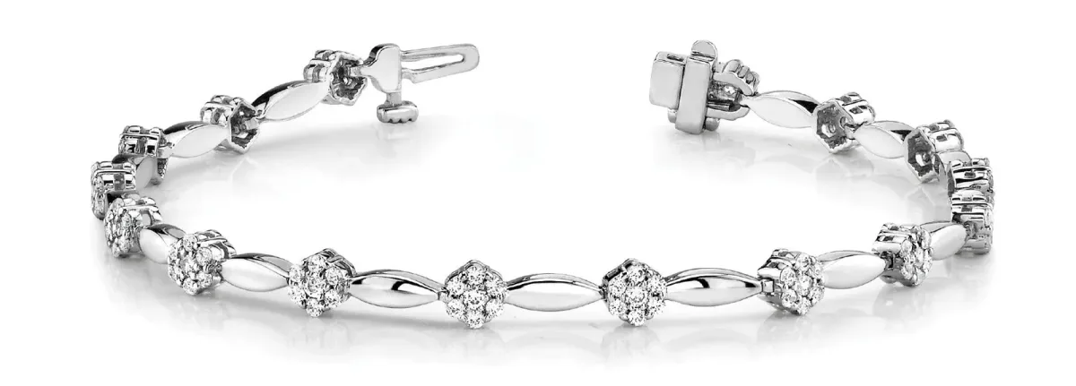 Round Cluster Diamond Tennis Bracelet with Marquise Links and Four-Prong Setting White gold