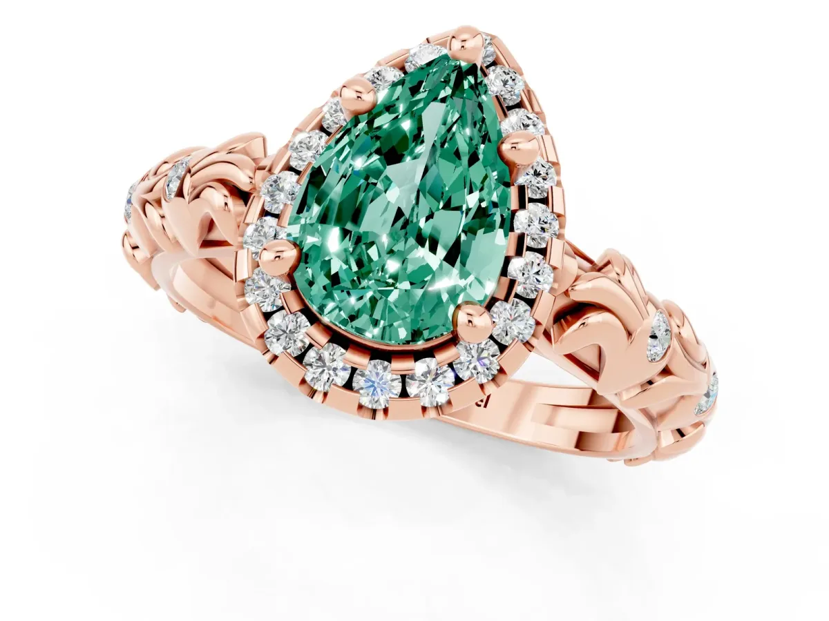 Pear Cut Green Sapphire Halo Ring with Filigree Band and Prong Setting Rose gold