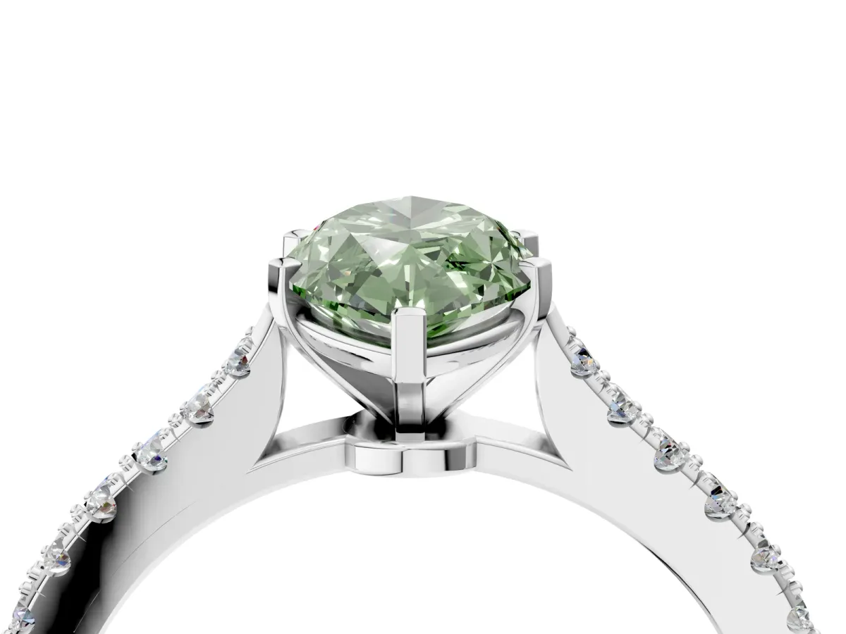 Fancy Green Marquise Cut Cut Solitaire Diamond Engagement Ring with Pave Band and Four-Prong Setting White gold