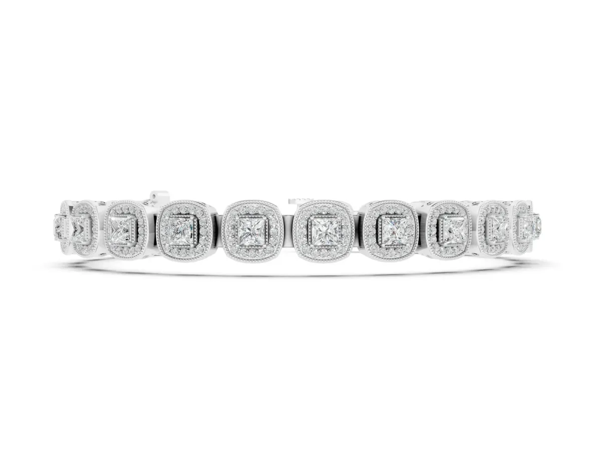 Cushion Halo Diamond Tennis Bracelet with Channel Band and Bezel Setting Silver