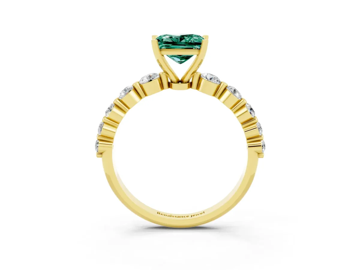 Princess Cut Solitaire Green Sapphire Ring with Pave Band and Four-Prong Setting Yellow gold