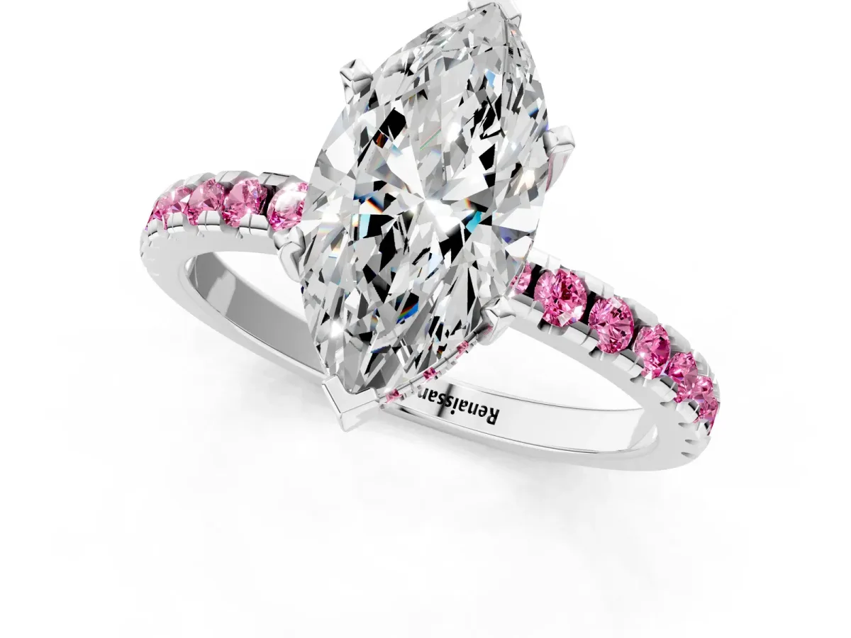 Marquise Cut Diamond Solitaire Ring with Round Pink Sapphire Pavé Band and Four-Prong Setting Platinum