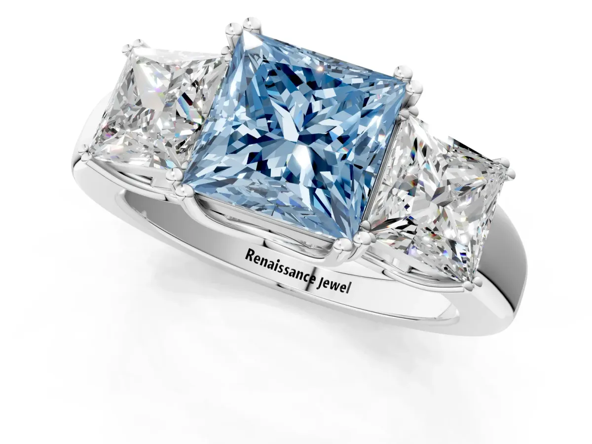 Fancy Blue Three-Stone Princess Cut Cut Diamond Ring with Channel Set Band and Four-Prong Setting Silver