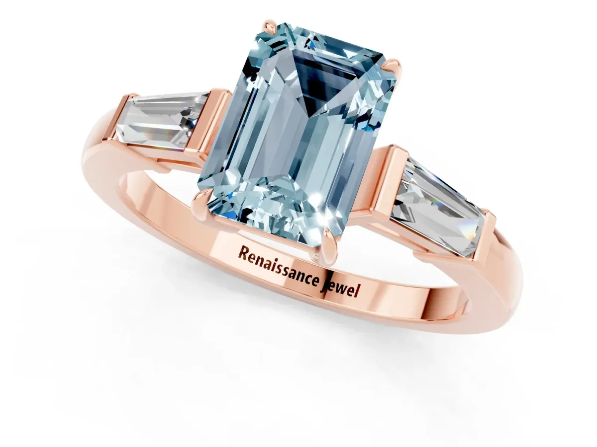 Emerald Cut Aquamarine Three-Stone Ring with Tapered Baguette Side Stones and Prong Setting Rose gold