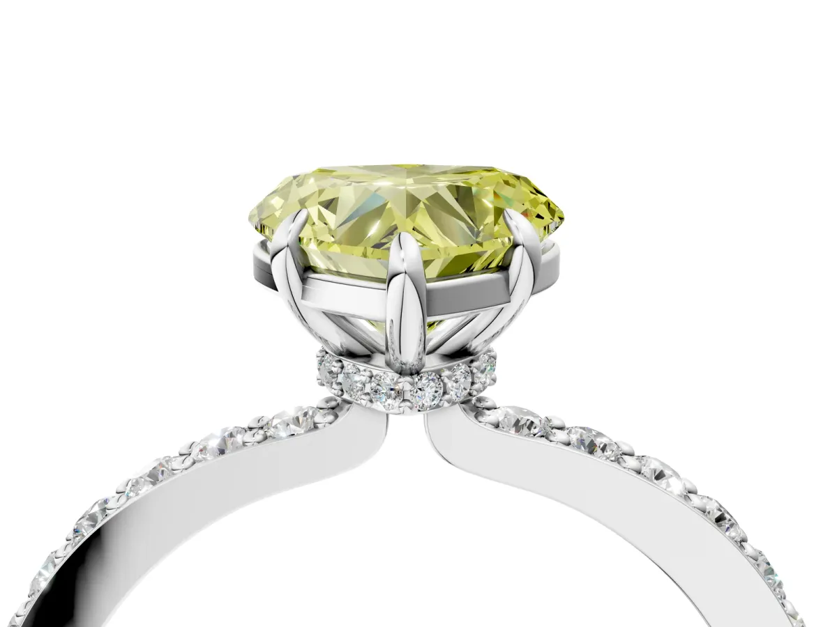 Fancy Yellow Heart Cut Diamond Solitaire Engagement Ring with Pavé Band and Four-Prong Setting White gold