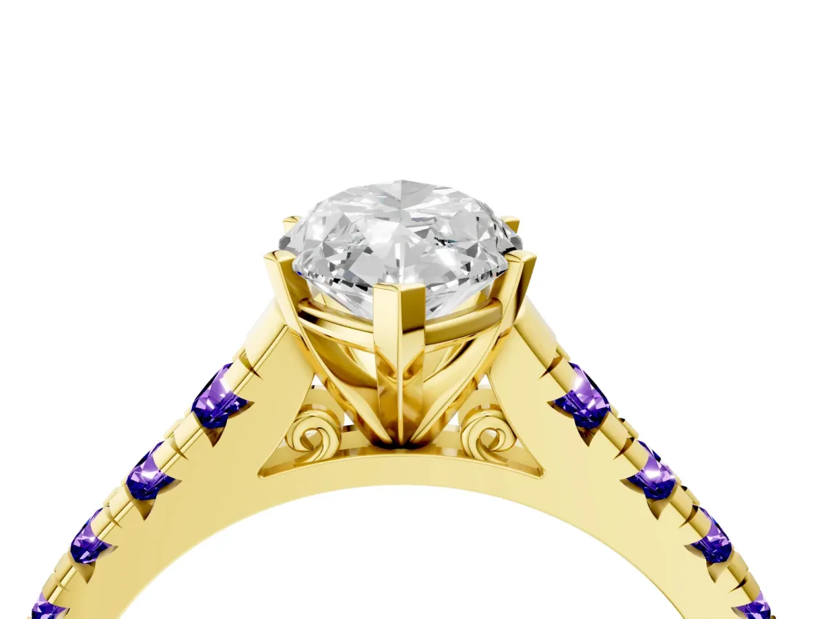 Marquise Cut Diamond Cathedral Solitaire Ring with Round Tanzanite Pavé Band Yellow gold