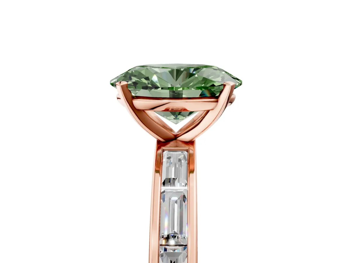 Fancy Green Oval Cut Solitaire Diamond Ring with Channel-Set Baguette Band and Four-Prong Setting Rose gold
