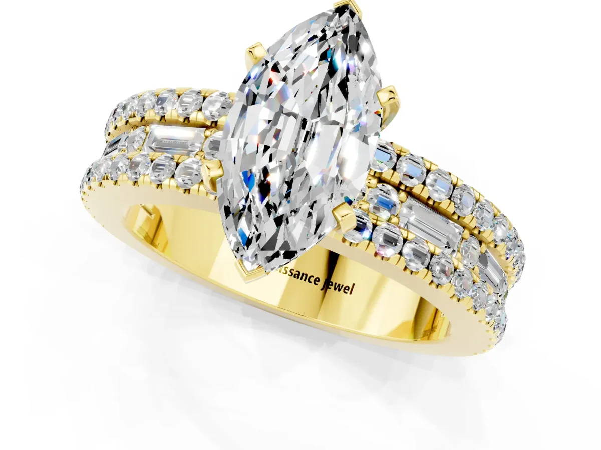 Marquise Cut Moissanite Solitaire Ring with Pavé and Channel Set Band Yellow gold