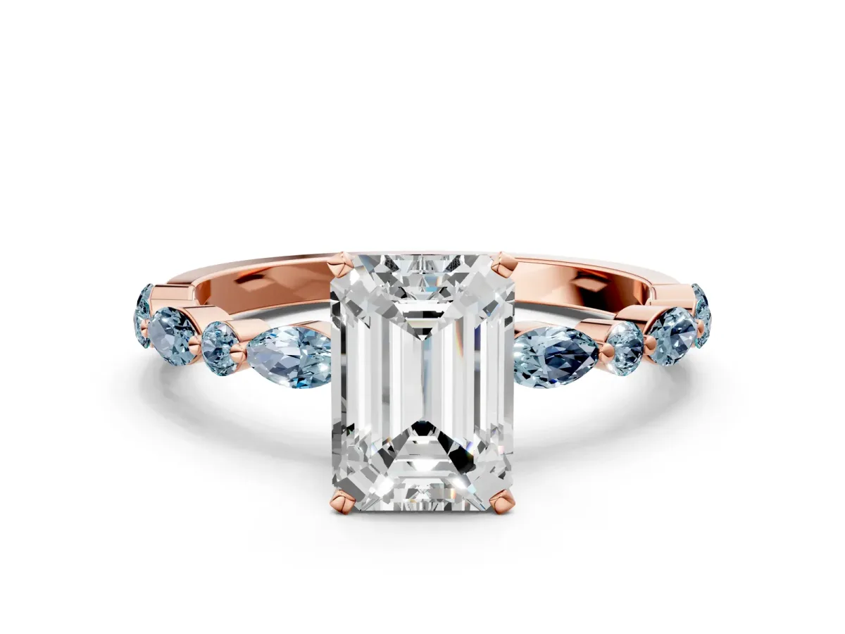 Emerald Cut Diamond Ring with Marquise and Round Aquamarine Side Stones and Four-Prong Setting Rose gold
