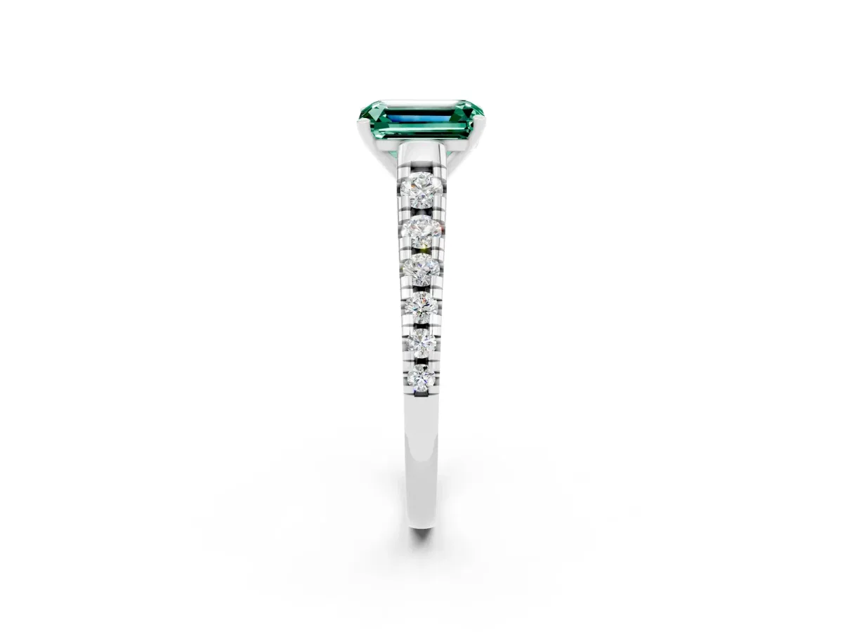 Emerald Cut Green Sapphire Cathedral Solitaire Ring with Round Pavé Band Platinum