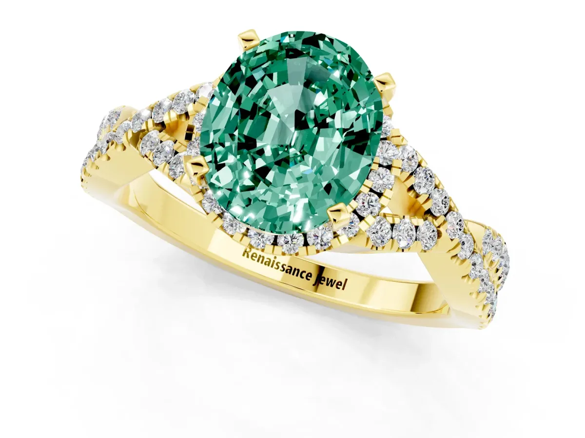 Oval Cut Green Sapphire Halo Twist Band Solitaire Prong Setting Ring Yellow gold