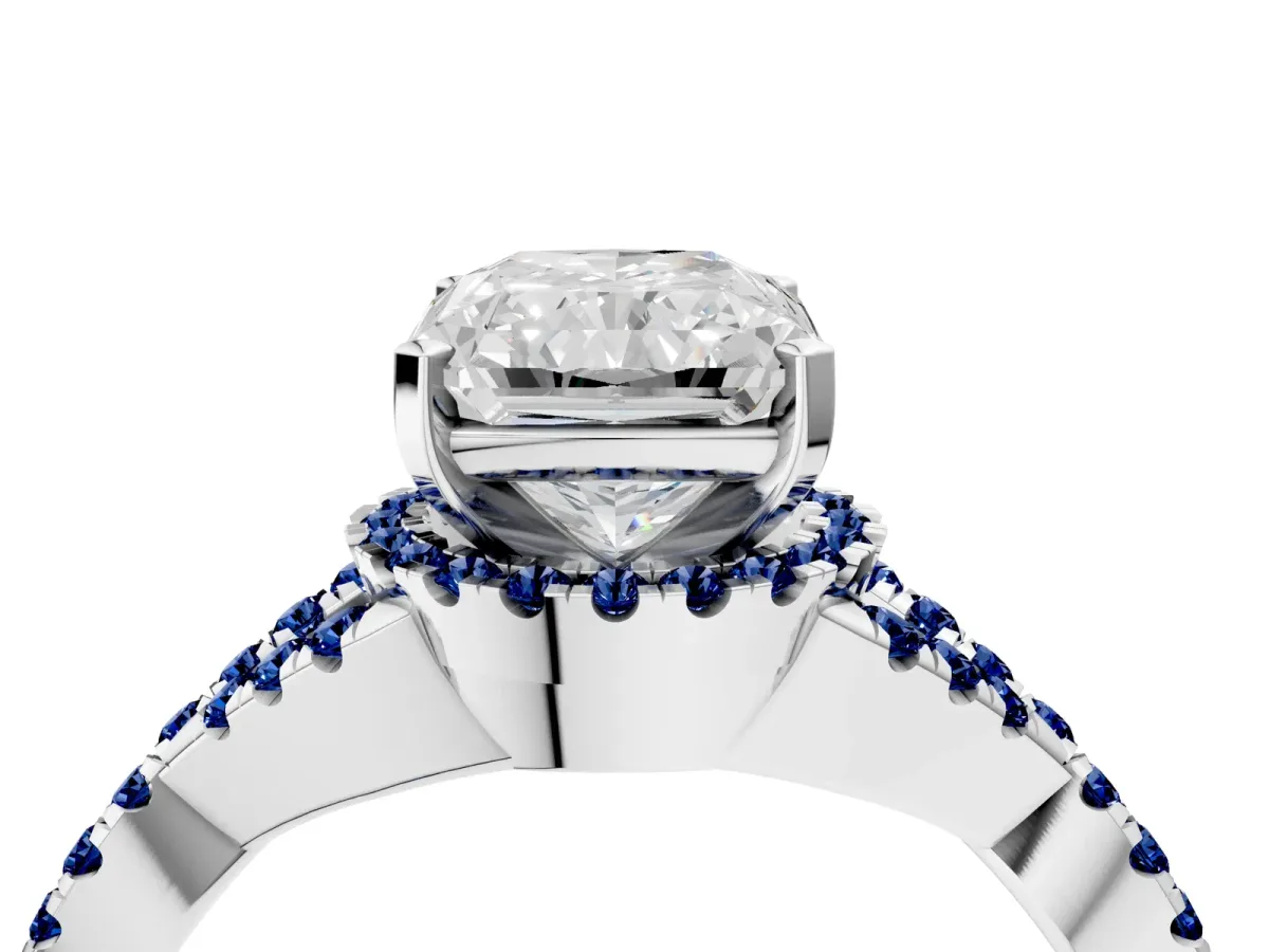 Radiant Cut Diamond Blue Sapphire Halo Twist Band Solitaire Prong Setting Ring White gold
