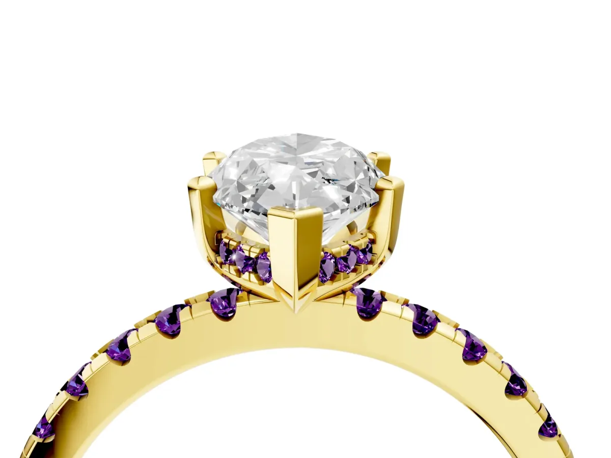 Marquise Cut Diamond Solitaire Ring with Round Amethyst Pavé Band and Four-Prong Setting Yellow gold