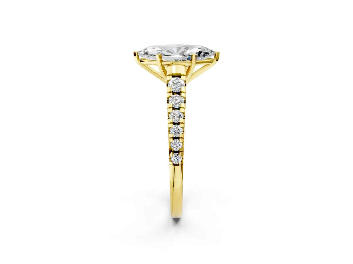 Marquise Cut Diamond Cathedral Solitaire Ring with Round Moissanite Pavé Band Yellow gold