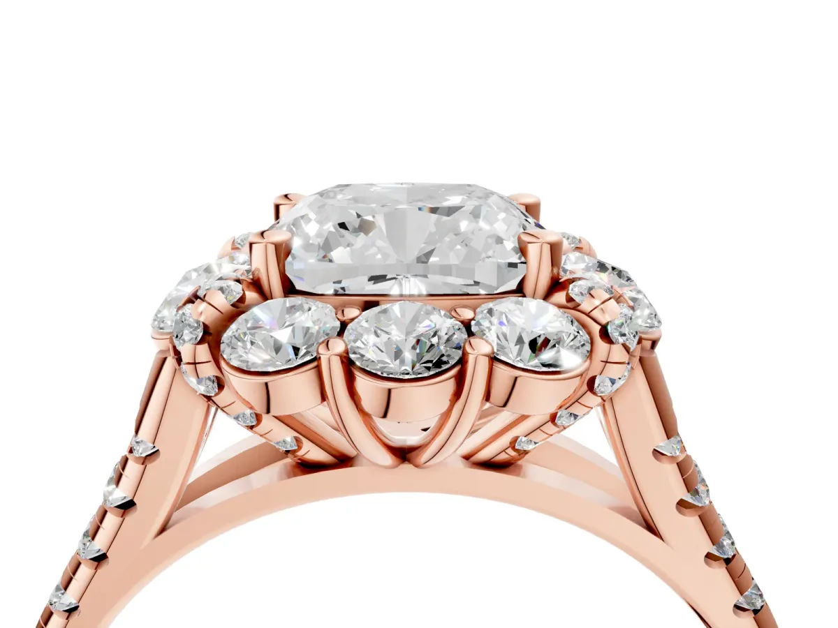 Cushion Cut Halo Split Shank Diamond Engagement Ring with Pave Band and Four-Prong Setting Rose gold