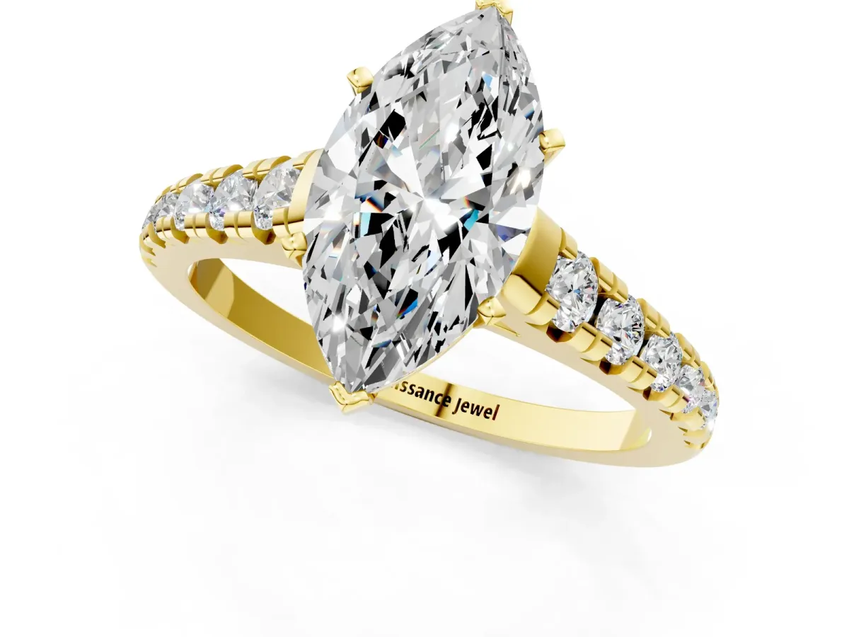 Marquise Cut Diamond Cathedral Solitaire Ring with Round Moissanite Pavé Band Yellow gold