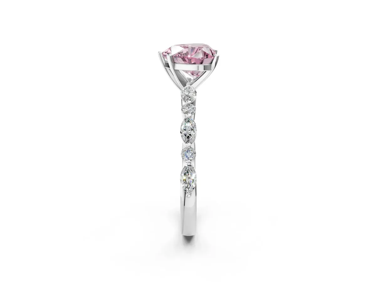 Fancy Pink Heart Cut Diamond Ring with Marquise and Round Side Stones and Four-Prong Setting White gold