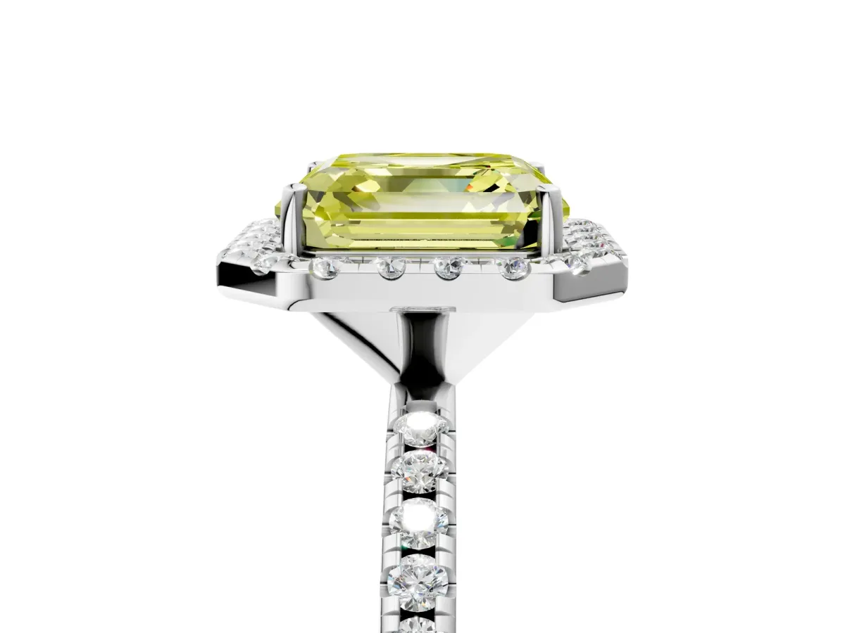 Fancy Yellow Asscher Cut Diamond Halo Engagement Ring with Round Pavé Band and Prong Setting Platinum