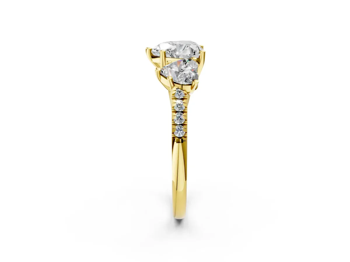 Fancy Green Three-Stone Heart Cut Diamond Ring with Round Pavé Band and Prong Setting Yellow gold