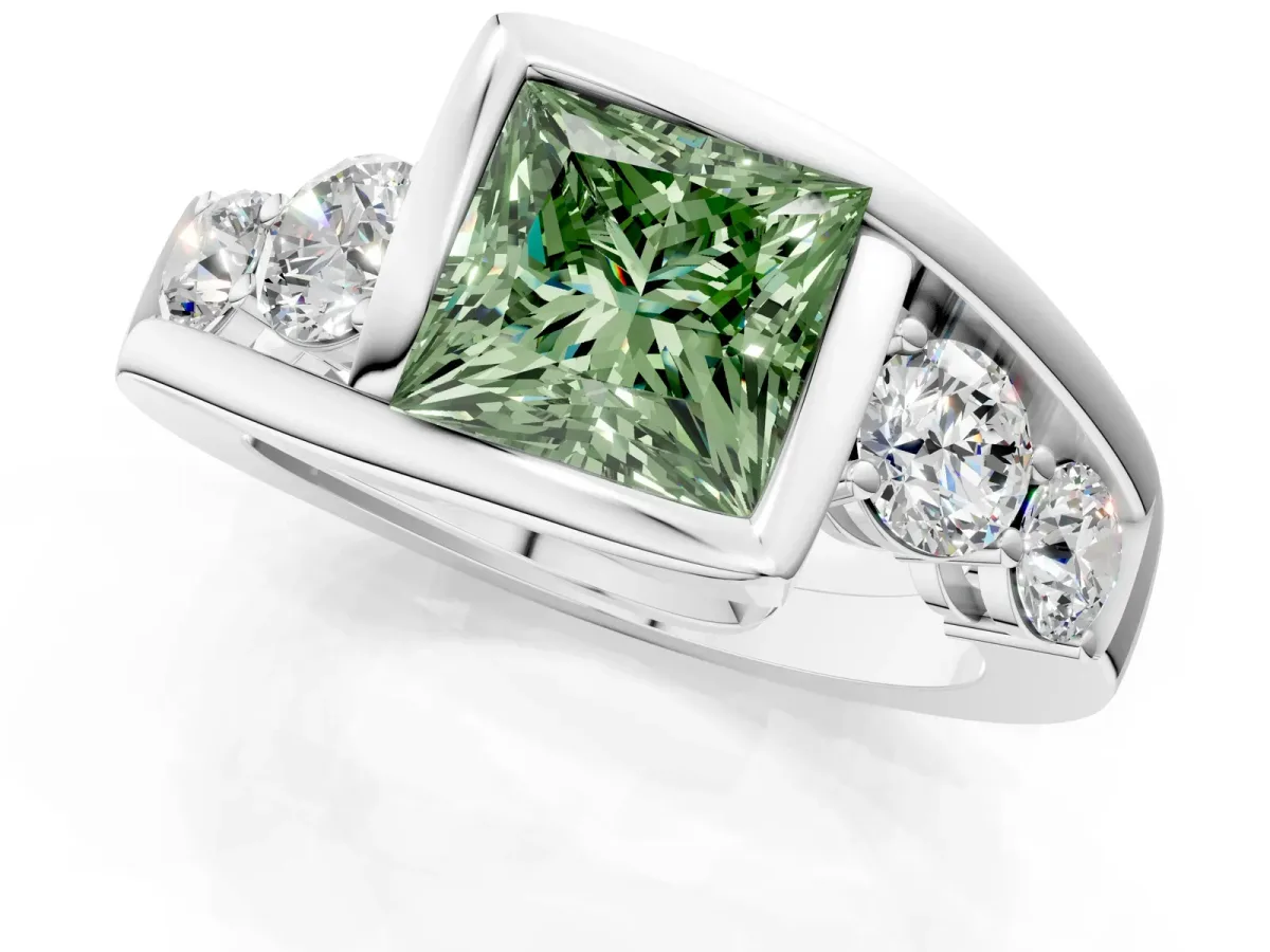 Fancy Green Bezel Set Princess Cut Diamond Bypass Ring with Round Accents Silver