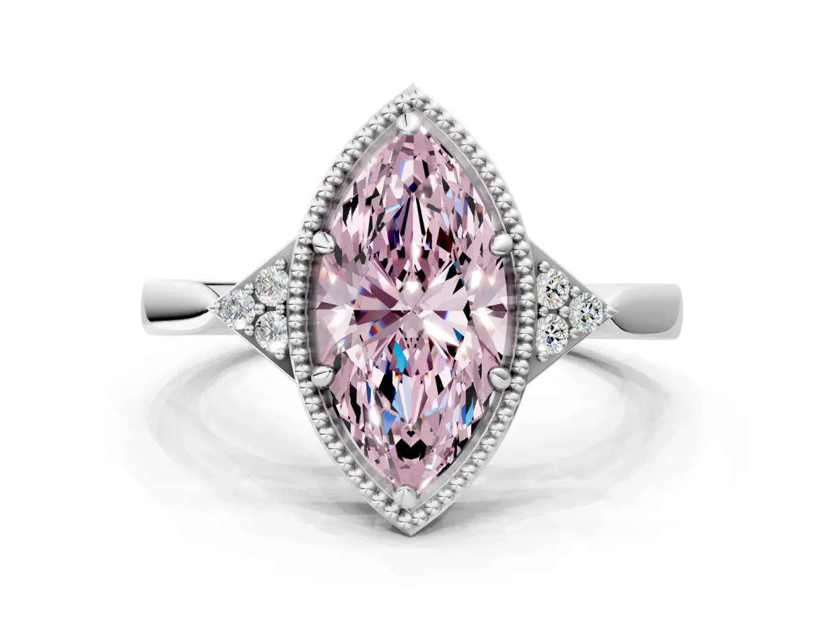Fancy Pink Milgrain Marquise Cut Cut Diamond Ring with Tapered Pave Band and Four Prong Setting Platinum