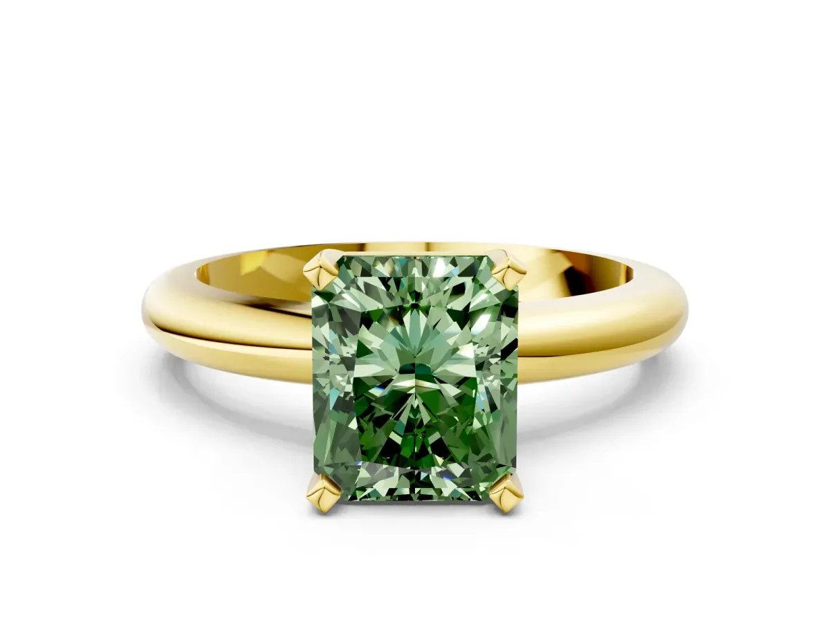 Fancy Green Radiant Cut Diamond Solitaire Engagement Ring with Round Band and Four-Prong Setting Yellow gold