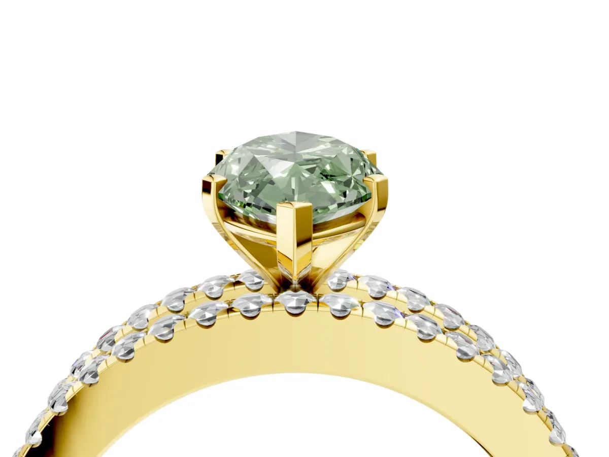 Fancy Green Marquise Cut Diamond Solitaire Ring with Pavé and Channel Set Band Yellow gold