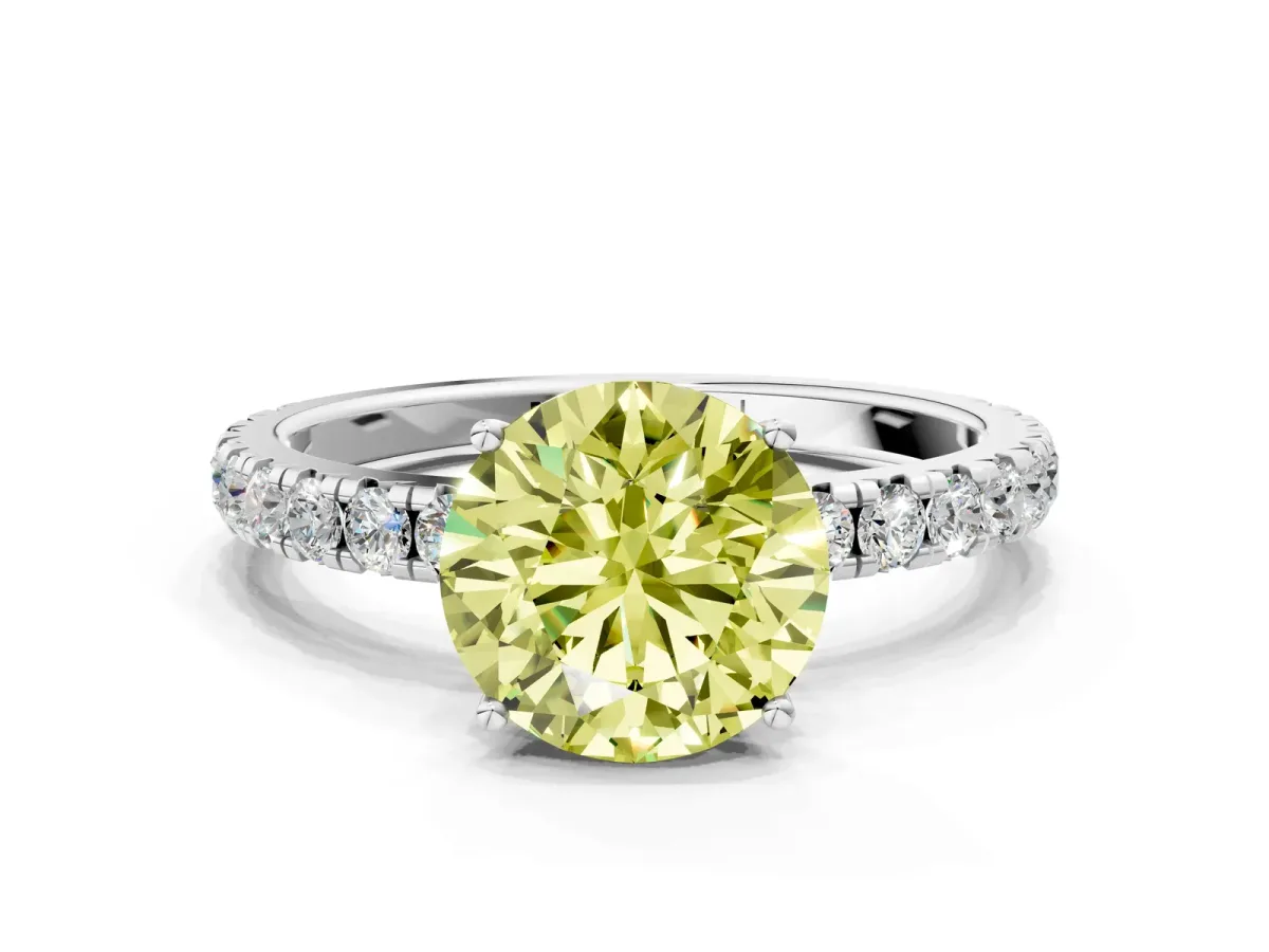 Fancy Yellow Round Cut Diamond Pavé Solitaire Engagement Ring with Four-Prong Setting Silver