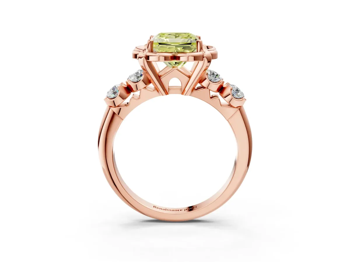 Fancy Yellow Princess Cut Cut Diamond Floral Halo Engagement Ring with Shared Prong Setting Rose gold