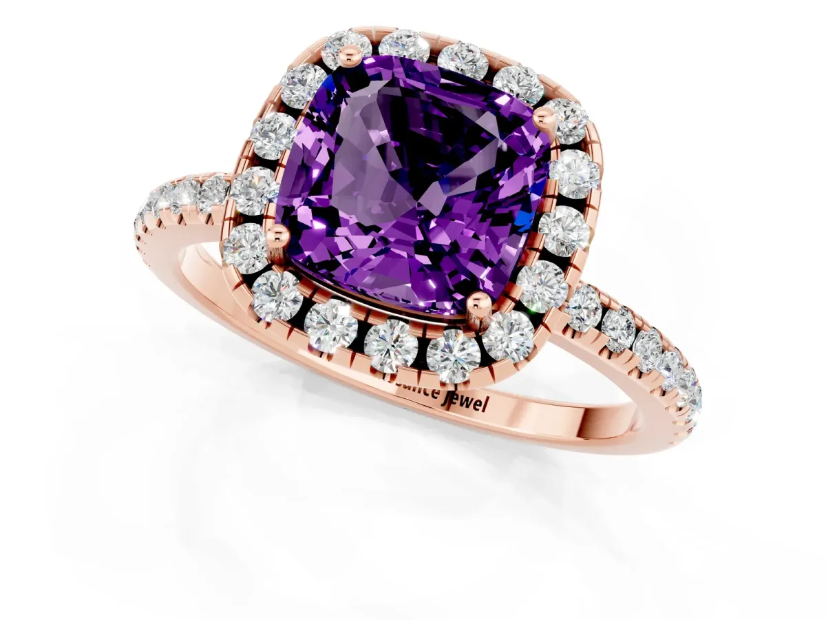 Cushion Cut Amethyst Halo Ring with Round Pavé Band and Prong Setting Rose gold