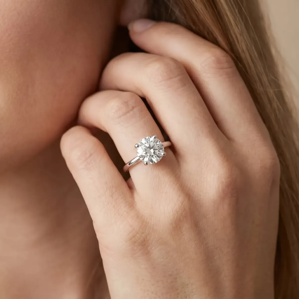 Round Cut Solitaire Diamond Ring with Prong Setting and Plain Band Platinum