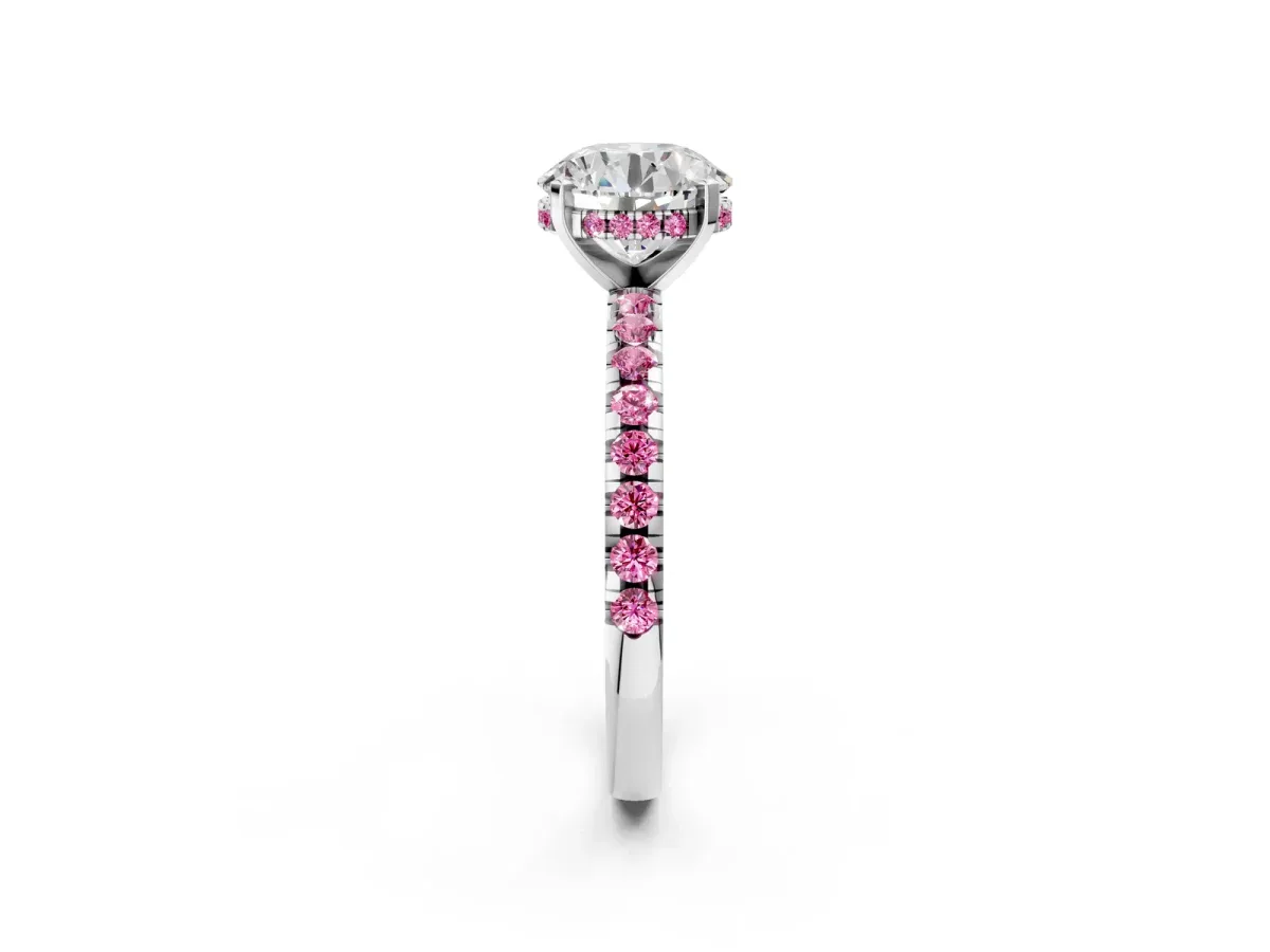 Round Cut Diamond Solitaire Ring with Round Pink Sapphire Pavé Band and Four-Prong Setting White gold